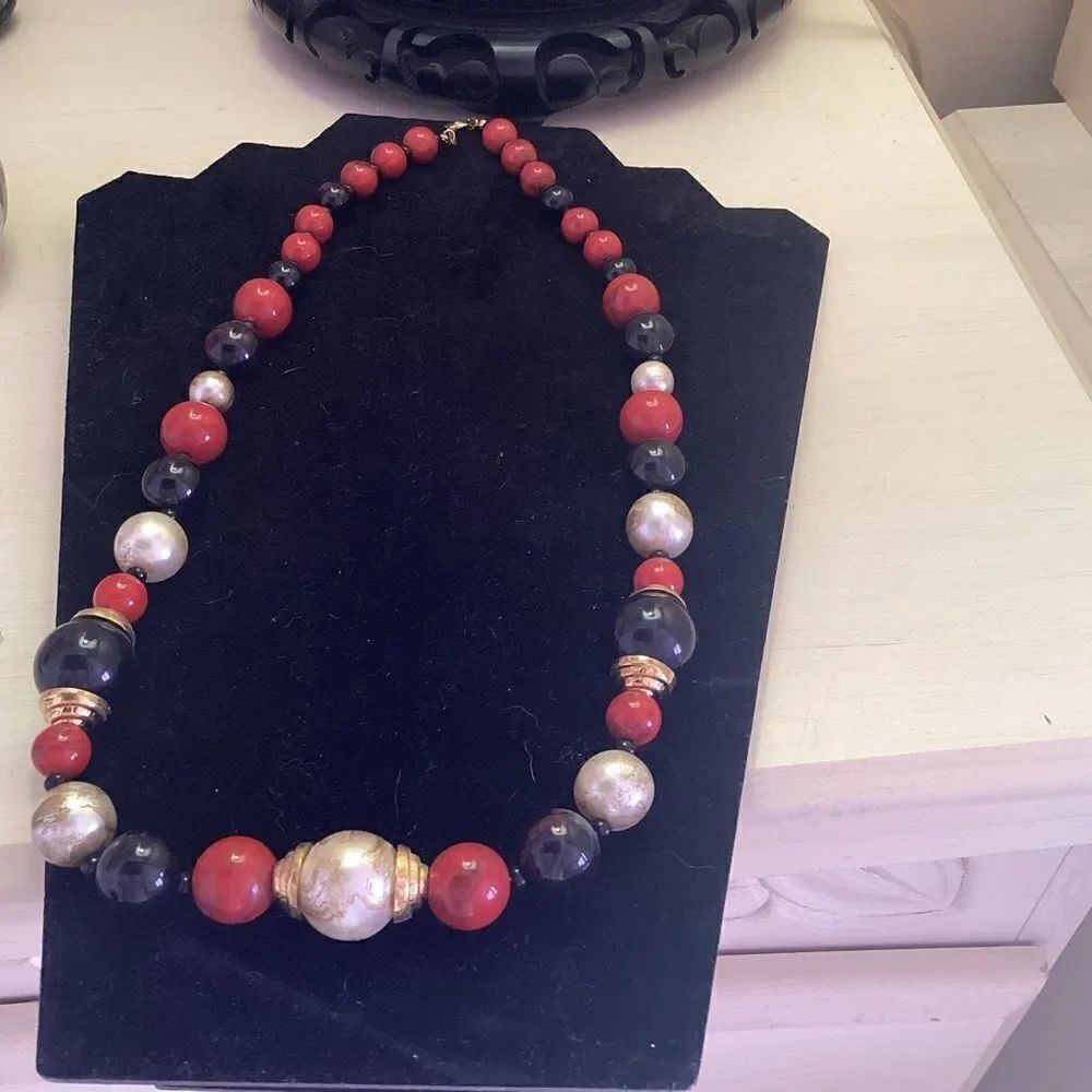 Red, Black and Goldtone Beaded Necklace